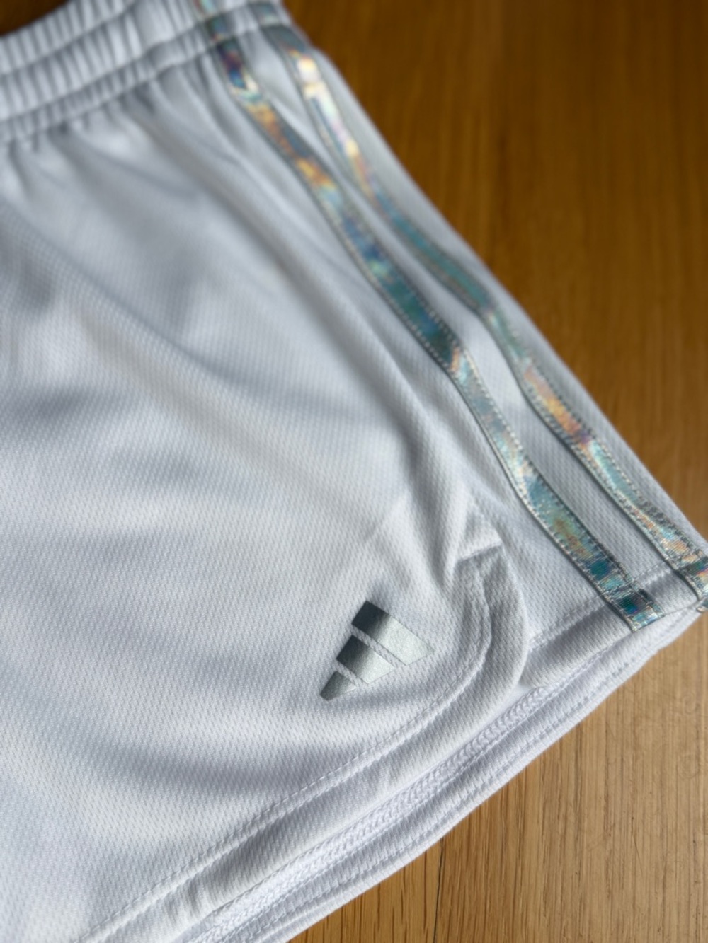 Adidas White Athletic Shorts with Iridescent Side Trim - Picture 2 of 5